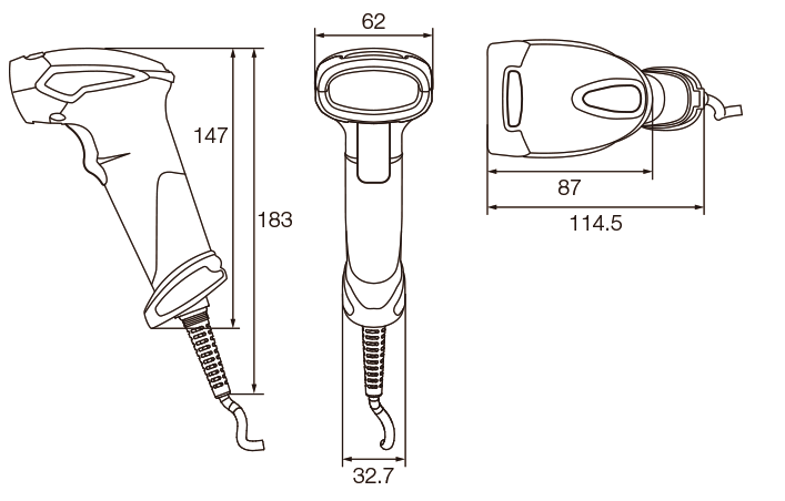 ガンタイプバーコードリーダー SDC-020外観図
