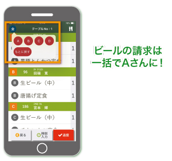 ゴルフ場専用 スタッフオーダーシステム 便利なおごり機能。請求者を一括で設定可能