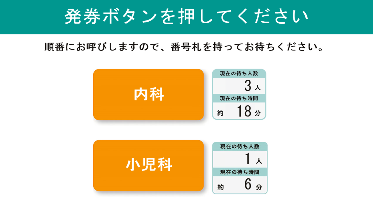 簡単な操作で病院・クリニックの整理券を発券できます。4つの診療科目を設定可能です